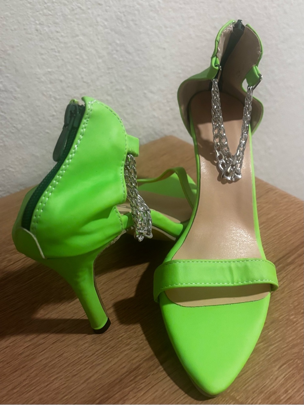 Women's Neon Green Chain-Accent High Heel Sandals